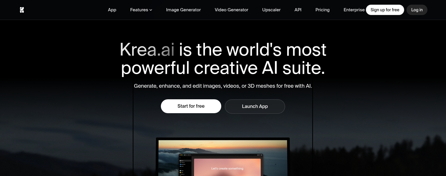 Capture d’écran du site officiel Krea AI