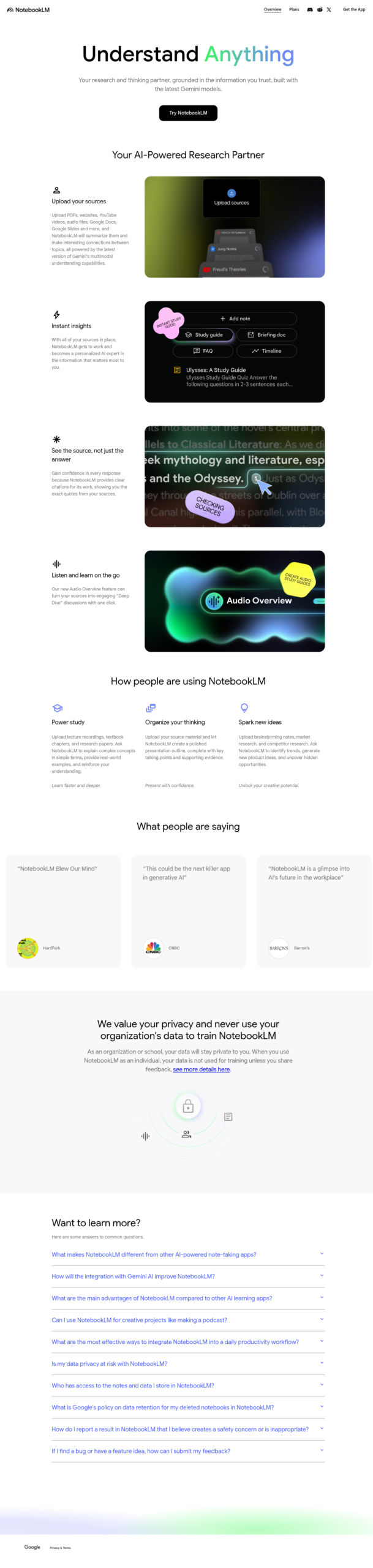 Capture d’écran de la page officielle Google NotebookLM