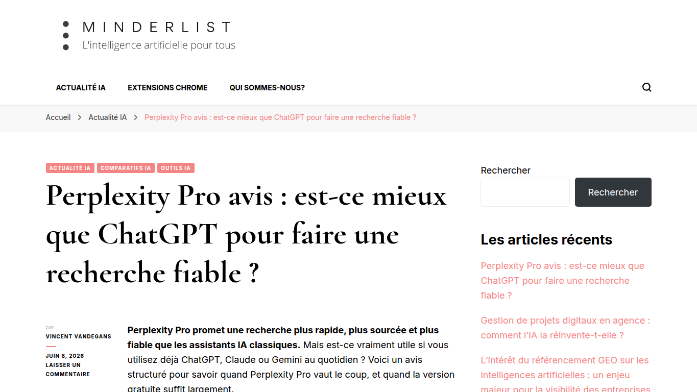 Capture d’écran de l’article Minderlist sur Perplexity Pro