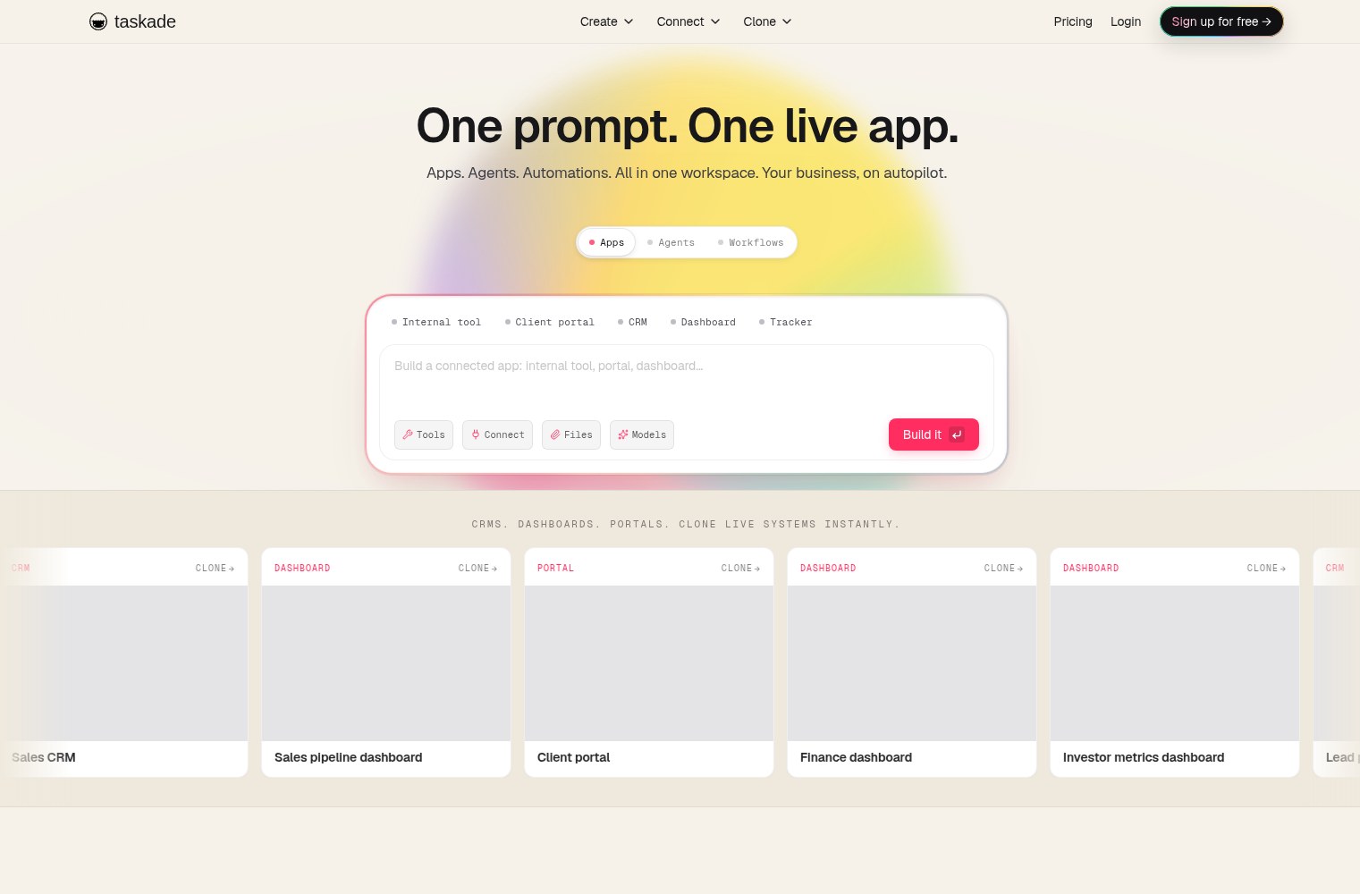 Capture d’écran du site officiel de Taskade montrant Taskade Genesis et ses apps IA