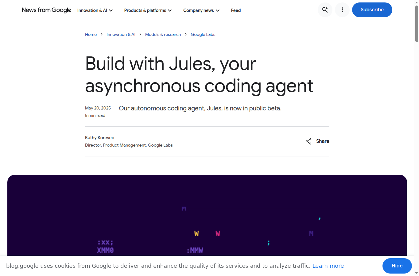 Capture du billet officiel Google Labs présentant Jules