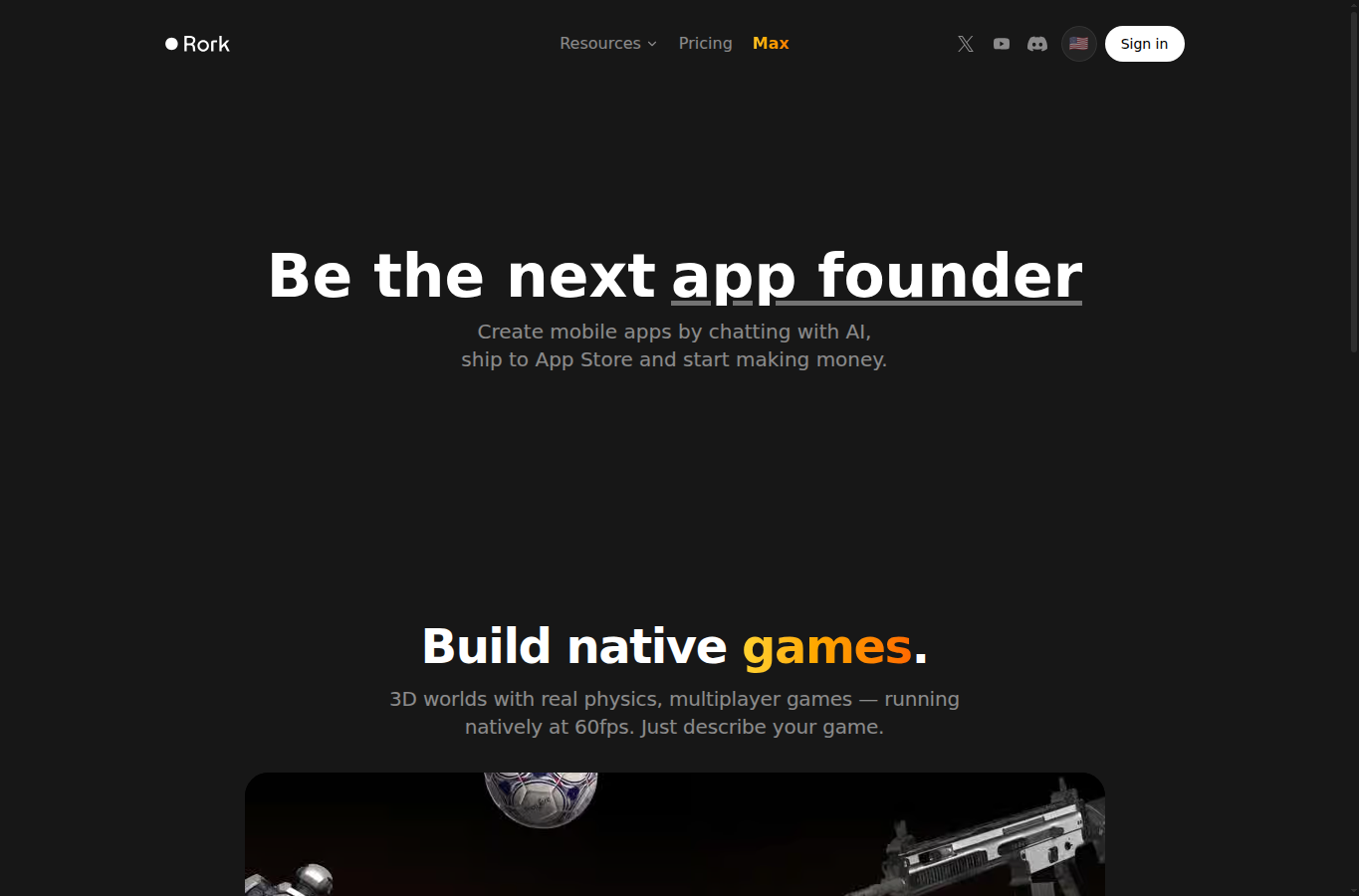 Capture du site officiel Rork AI montrant le générateur d’applications mobiles