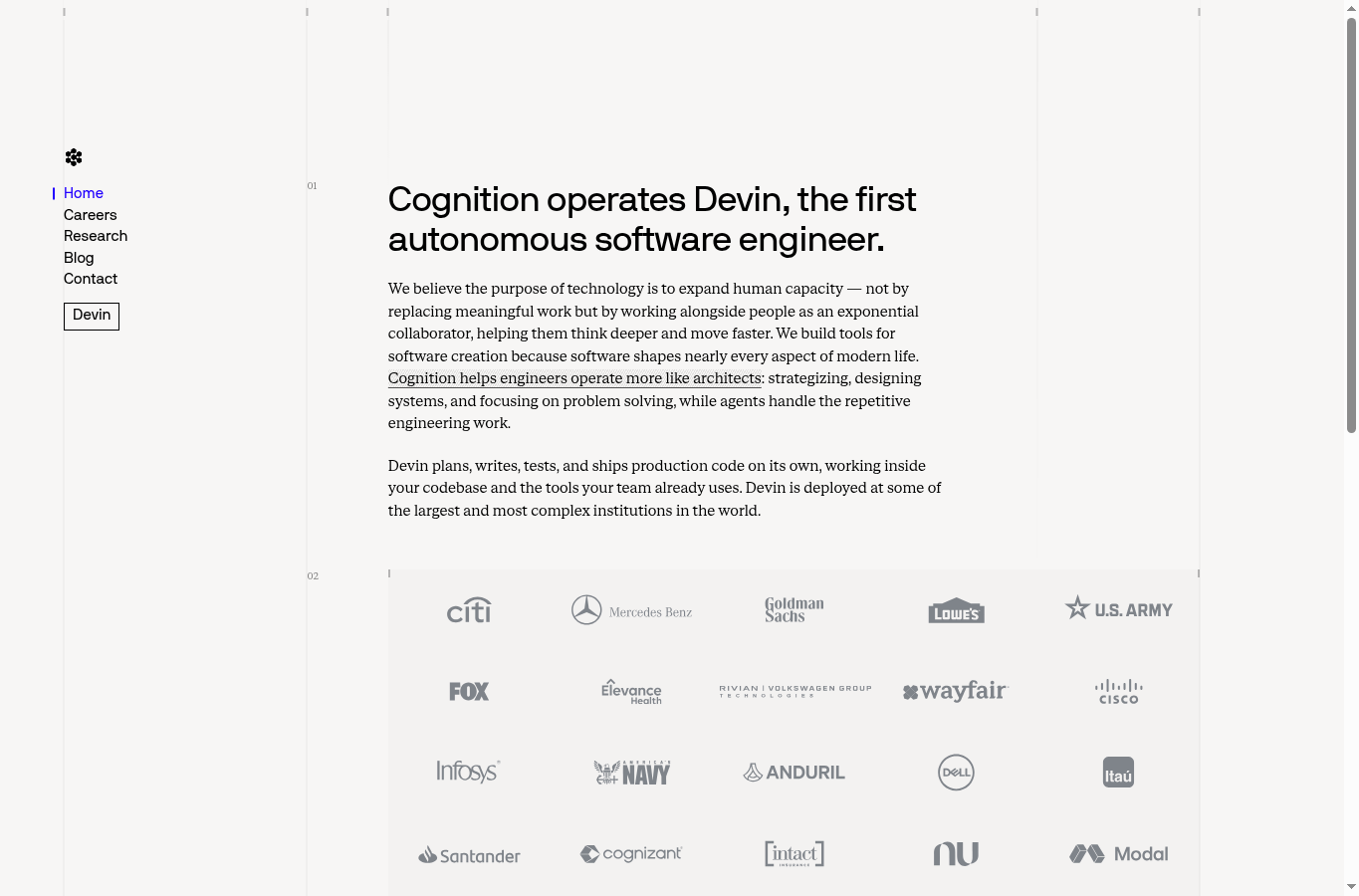 Capture d’écran du site officiel Cognition présentant Devin AI