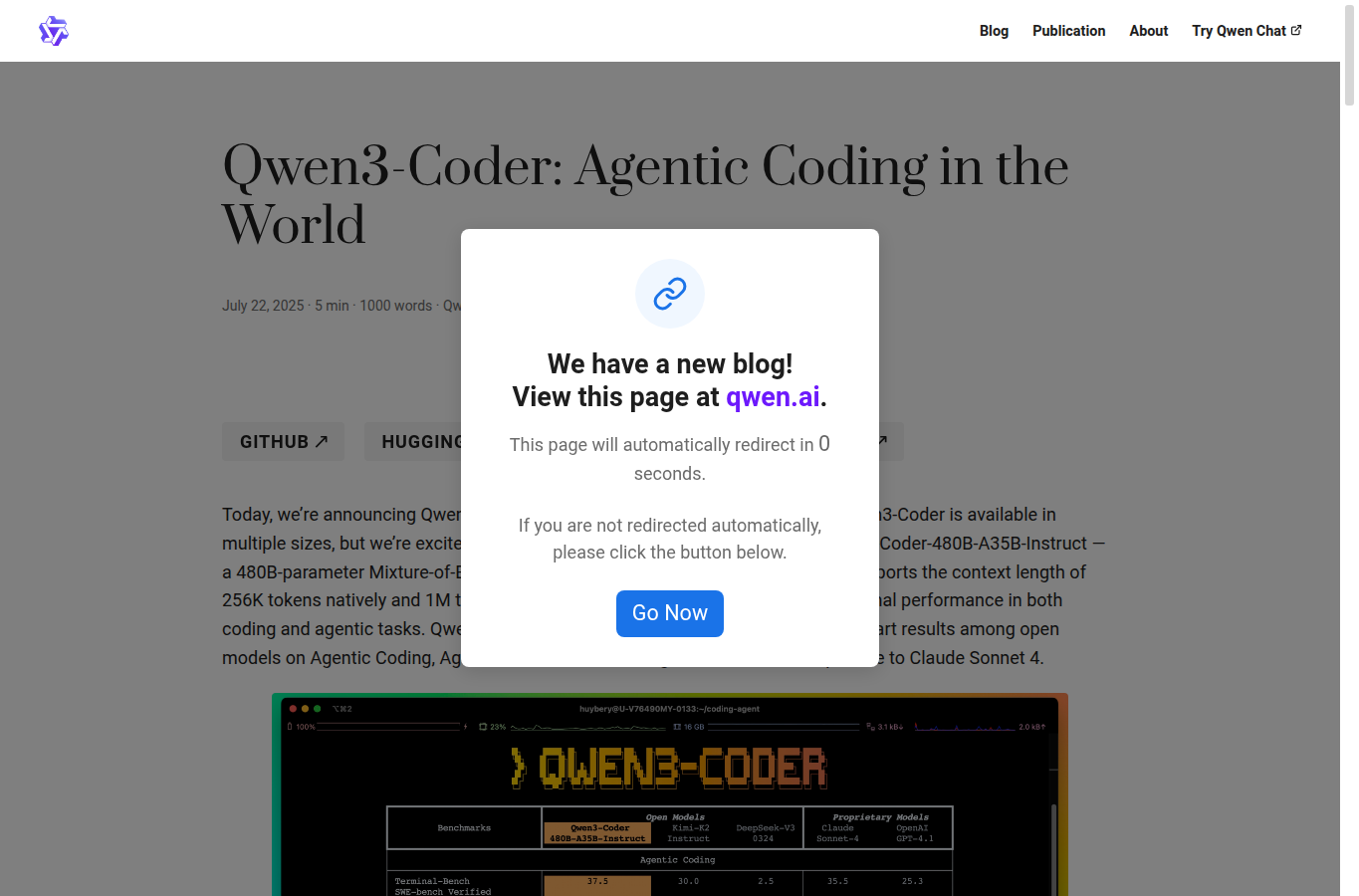 Capture du site officiel Qwen présentant Qwen3-Coder