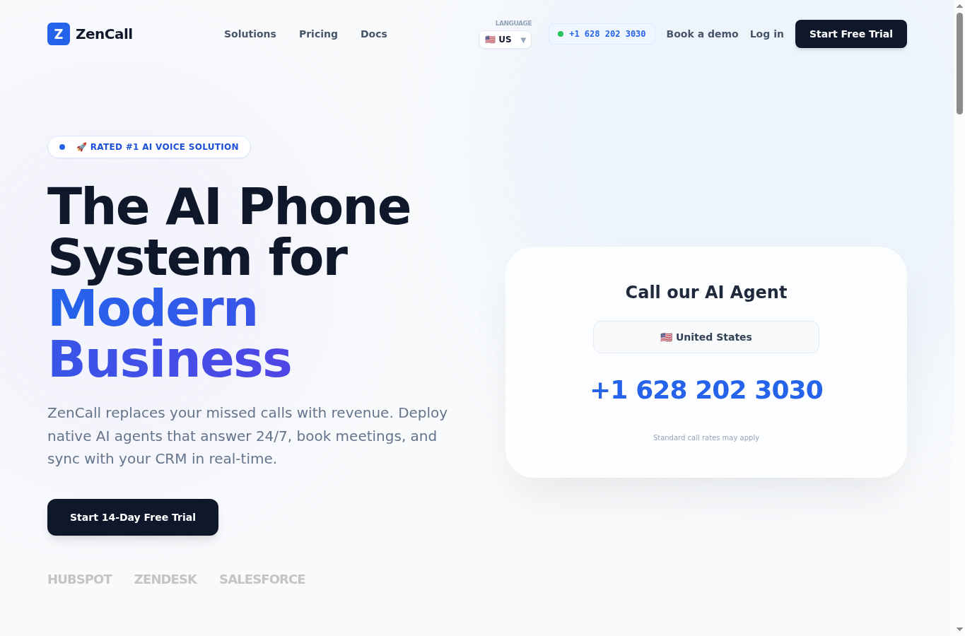 Capture d’écran du site officiel ZenCall.ai présentant son agent téléphonique IA