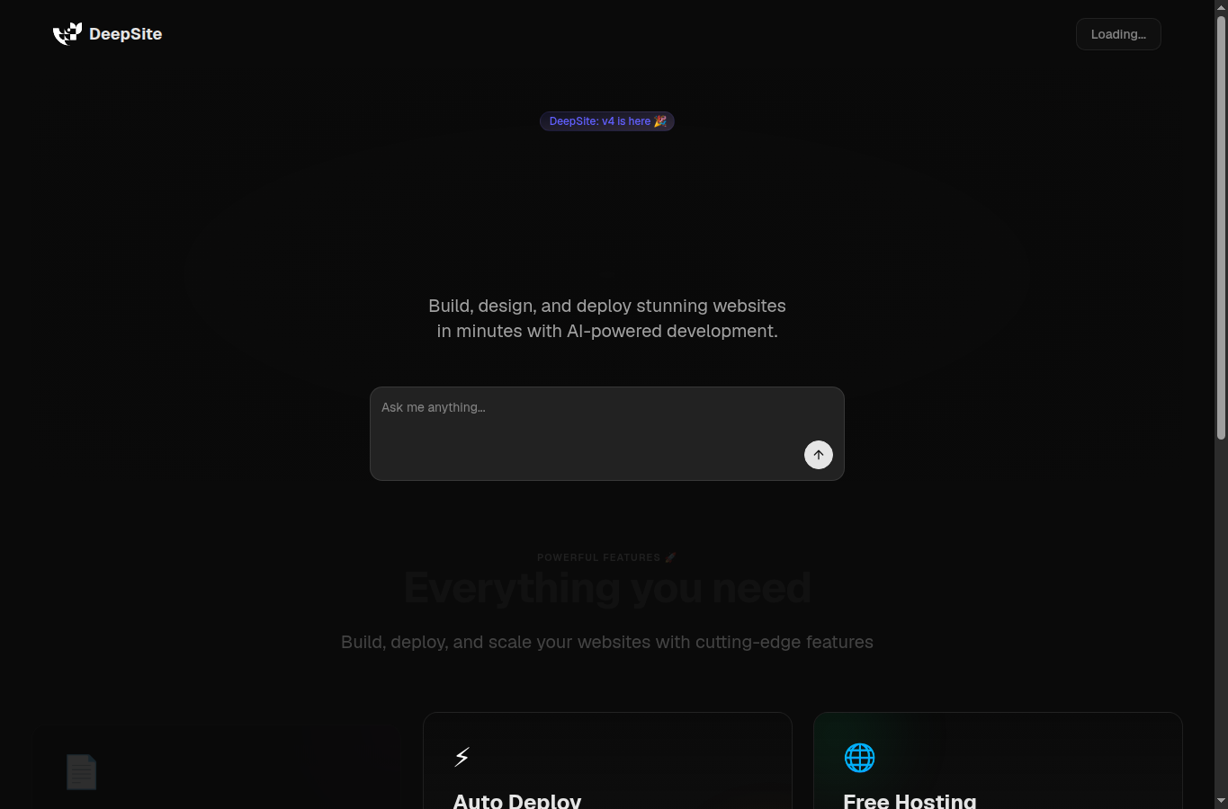 Capture écran du site officiel DeepSite AI