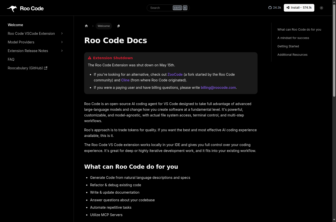 Capture de la documentation officielle Roo Code