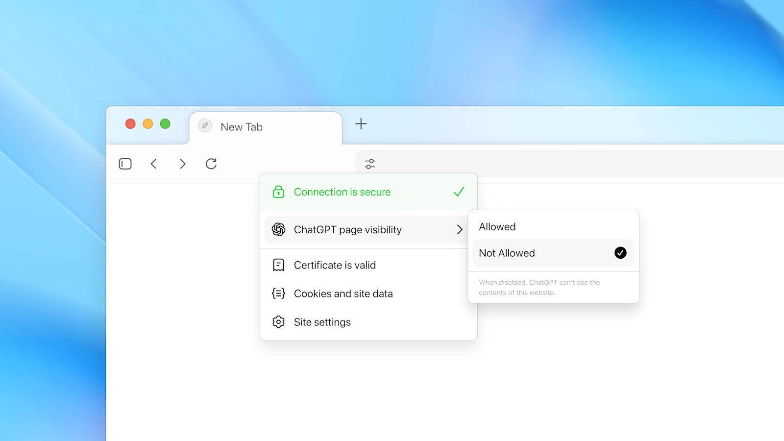 Capture officielle OpenAI montrant le réglage de visibilité des pages dans ChatGPT Atlas