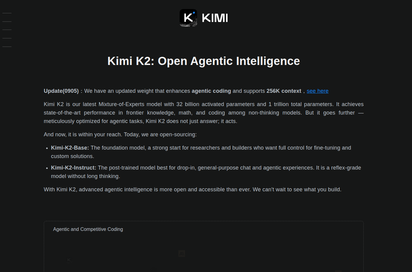 Capture de la page officielle Kimi K2 de Moonshot AI