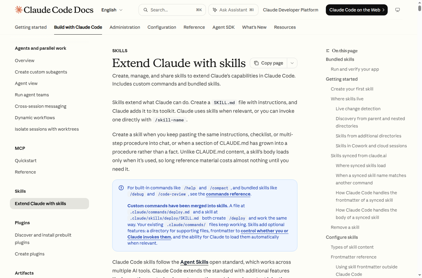 Capture officielle de la documentation Claude Skills