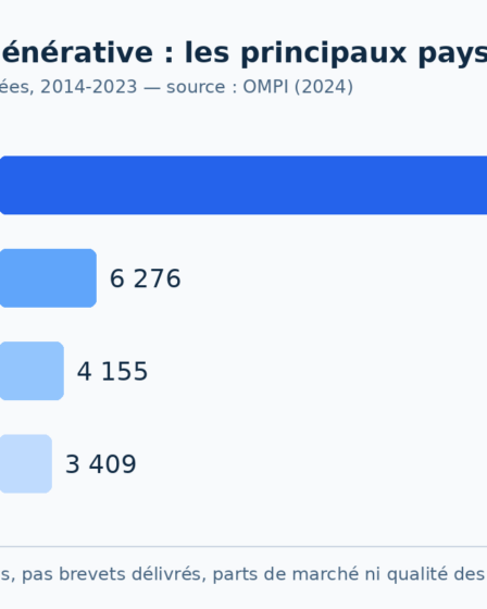 Graphique OMPI des familles de brevets d’IA générative publiées par pays entre 2014 et 2023